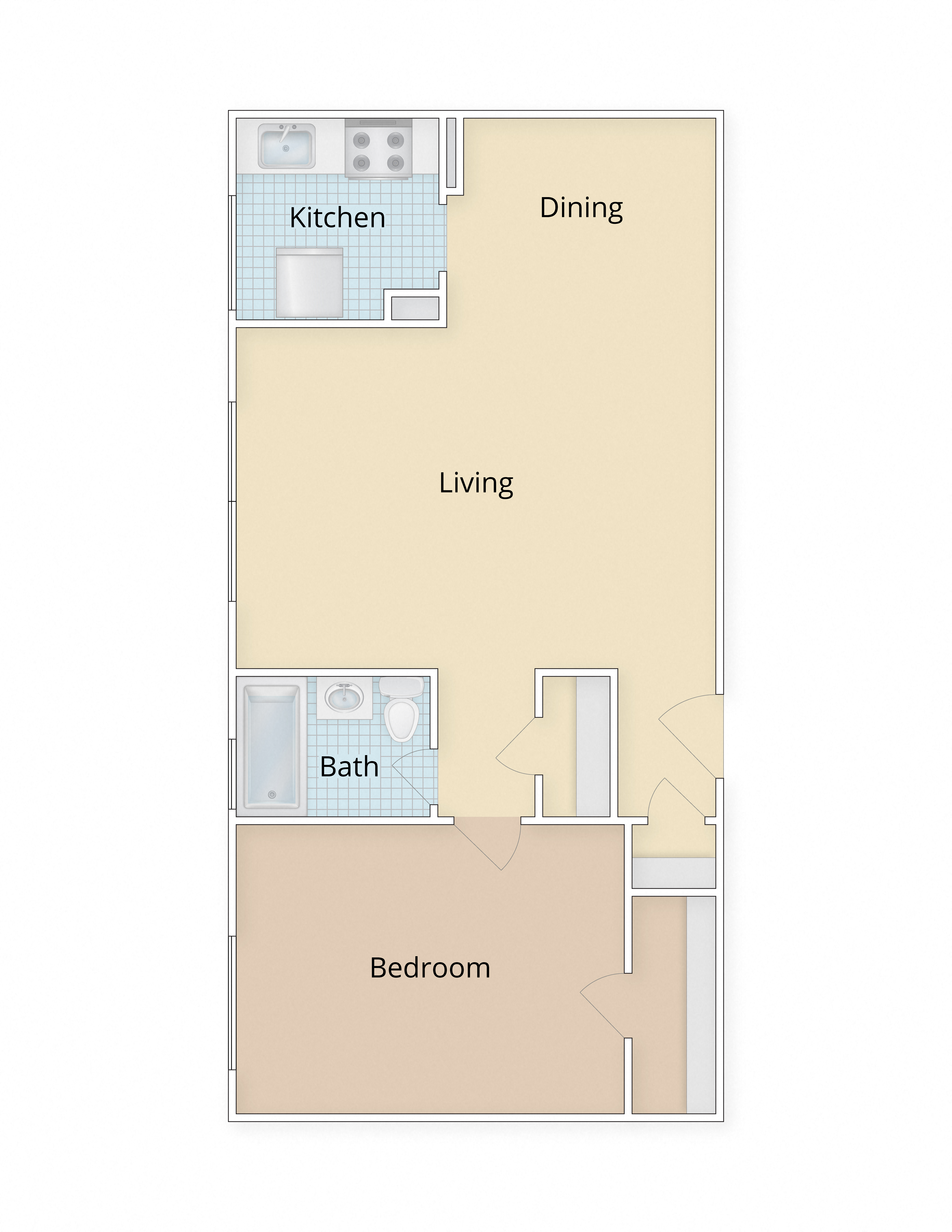 Floor plan for 1 bed, 1 bath, 719 sqft